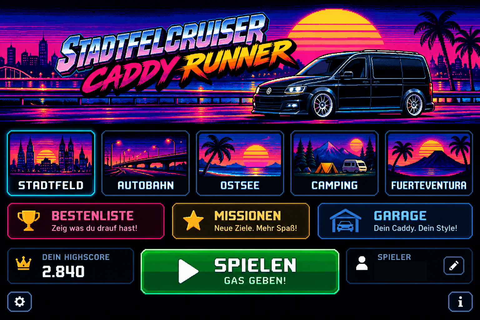 Stadtfeldcruiser Caddy Runner – 80s Arcade Menü