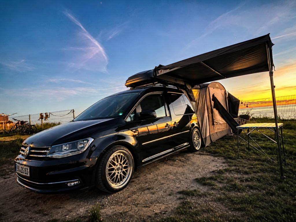 VW Caddy mit Markise und Heckzelt